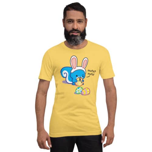 a guy wearing a yellow shirt with Ma Squirrel wearing fake bunny ears tying to eat an easter egg