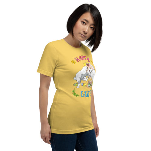 a girl wearing a yellow Shirt saying with Jesus fighting the Easter Bunny. Says Happy Easter