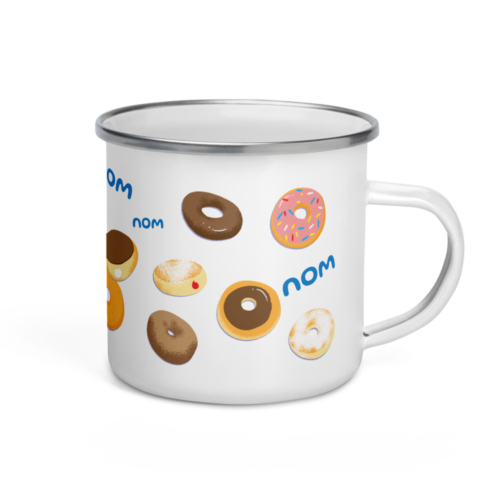 a white camper mug with a cute cartoon squirrel eating a doughnut and surrounded by donuts with the words nom