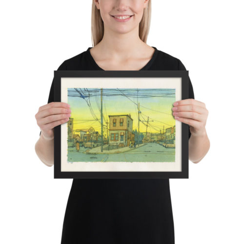 Framed Watercolor print of a street in North Bergen, New Jersey at sunset. Intersection of 61st street, Newkirk Ave., and Durham Ave.