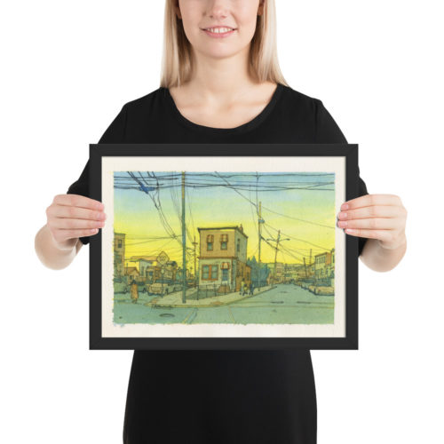 Framed Watercolor print of a street in North Bergen, New Jersey at sunset. Intersection of 61st street, Newkirk Ave., and Durham Ave.