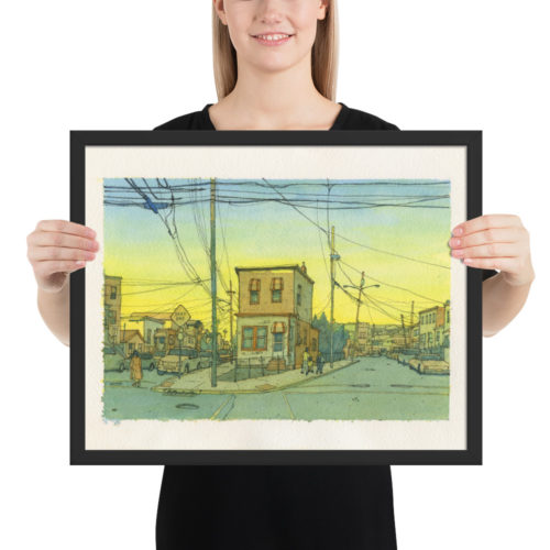 Framed Watercolor print of a street in North Bergen, New Jersey at sunset. Intersection of 61st street, Newkirk Ave., and Durham Ave.