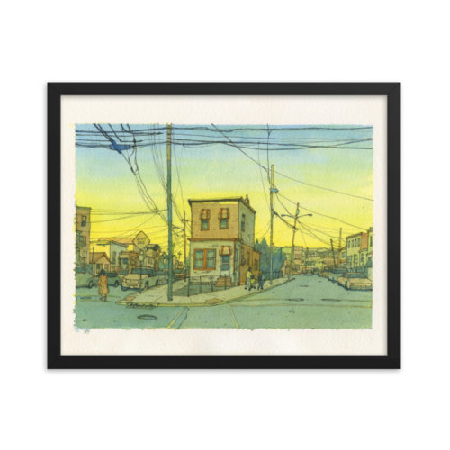 Framed Watercolor print of a street in North Bergen, New Jersey at sunset. Intersection of 61st street, Newkirk Ave., and Durham Ave.