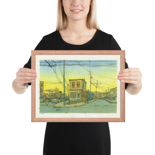 Framed Watercolor print of a street in North Bergen, New Jersey at sunset. Intersection of 61st street, Newkirk Ave., and Durham Ave.