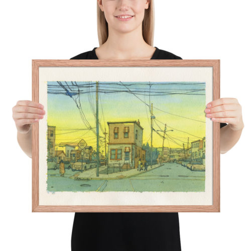 Framed Watercolor print of a street in North Bergen, New Jersey at sunset. Intersection of 61st street, Newkirk Ave., and Durham Ave.