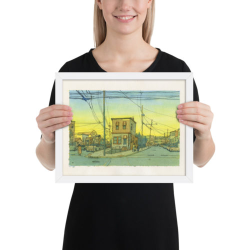 Framed Watercolor print of a street in North Bergen, New Jersey at sunset. Intersection of 61st street, Newkirk Ave., and Durham Ave.