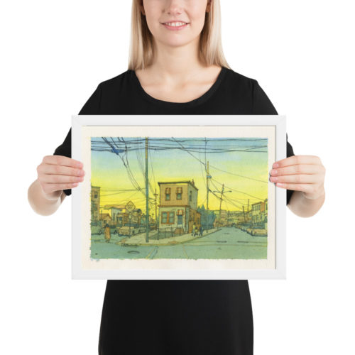 Framed Watercolor print of a street in North Bergen, New Jersey at sunset. Intersection of 61st street, Newkirk Ave., and Durham Ave.