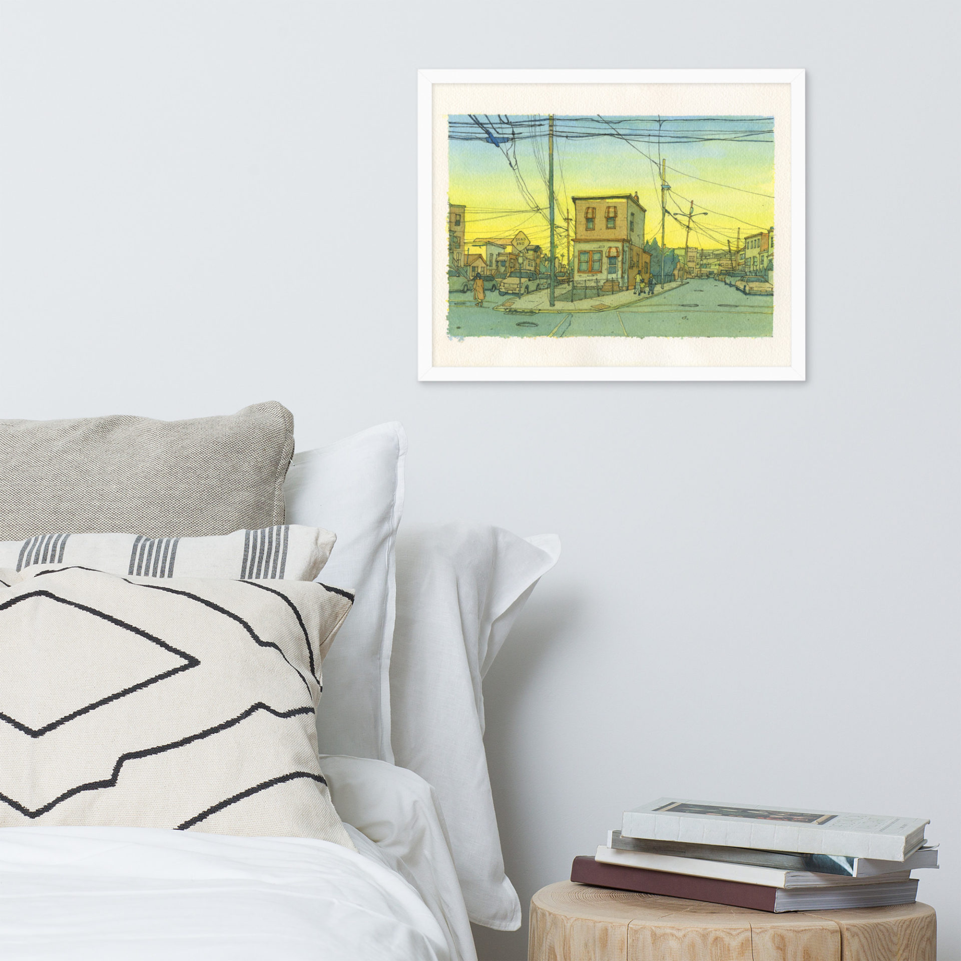 Framed Watercolor print of a street in North Bergen, New Jersey at sunset. Intersection of 61st street, Newkirk Ave., and Durham Ave.