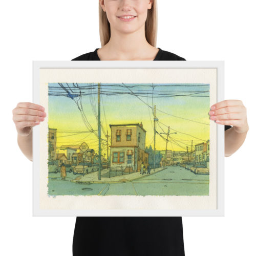 Framed Watercolor print of a street in North Bergen, New Jersey at sunset. Intersection of 61st street, Newkirk Ave., and Durham Ave.