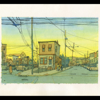 Watercolor print of a street in North Bergen, New Jersey at sunset. Intersection of 61st street, Newkirk Ave., and Durham Ave.