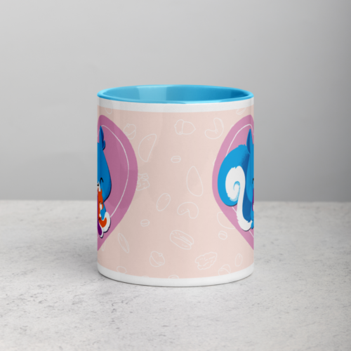 a white mug with a blue interior featuring a kawaii Ma Squirrel holding her two kids in front of a heart.