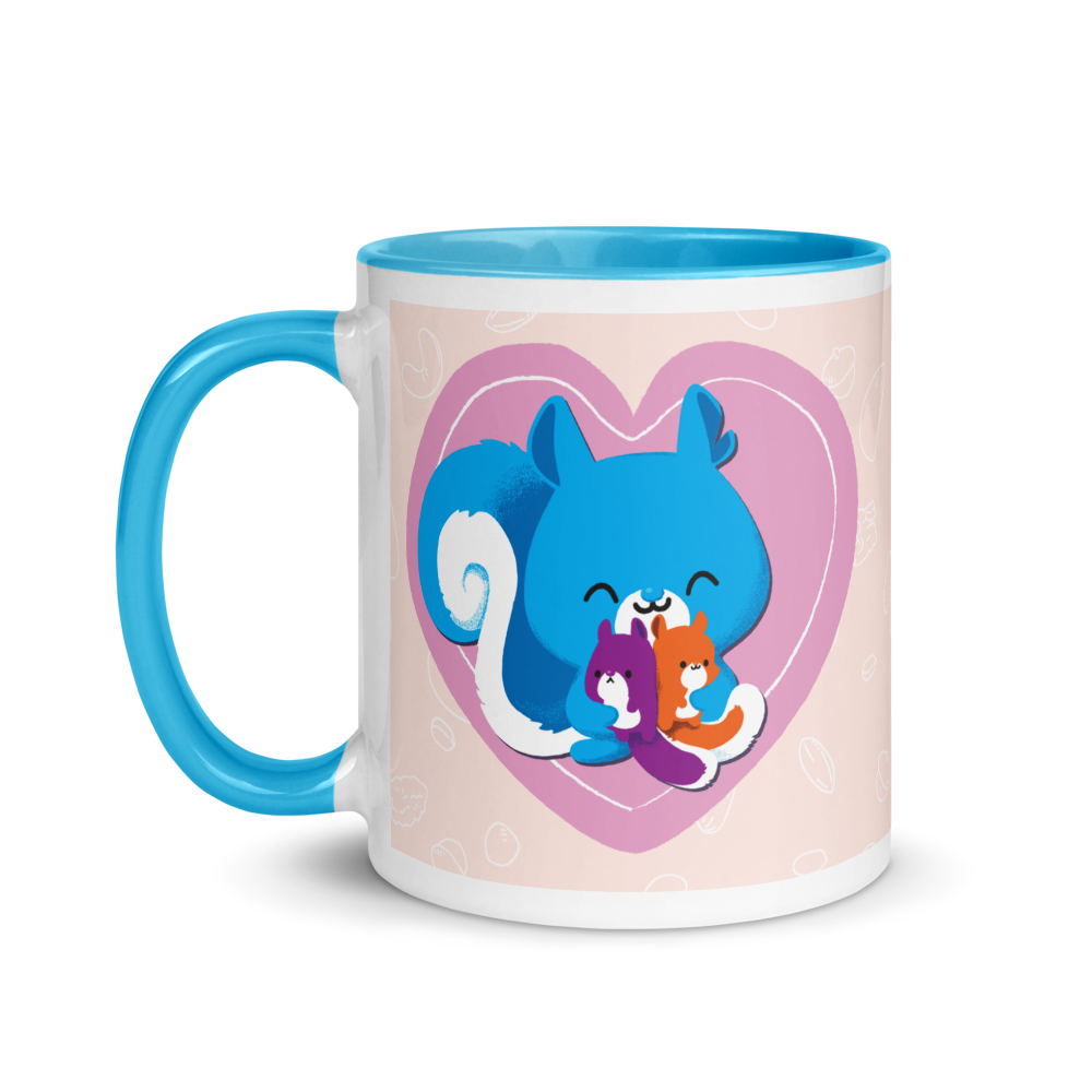 a white mug with a blue interior featuring a kawaii Ma Squirrel holding her two kids in front of a heart.