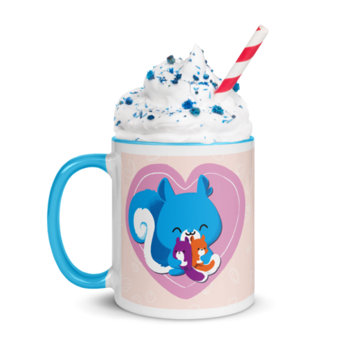 a white mug with a blue interior featuring a kawaii Ma Squirrel holding her two kids in front of a heart.