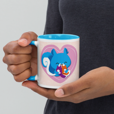 a white mug with a blue interior featuring a kawaii Ma Squirrel holding her two kids in front of a heart.