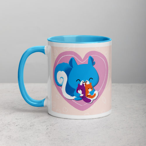 a white mug with a blue interior featuring a kawaii Ma Squirrel holding her two kids in front of a heart.