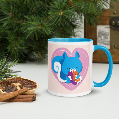 a white mug with a blue interior featuring a kawaii Ma Squirrel holding her two kids in front of a heart.