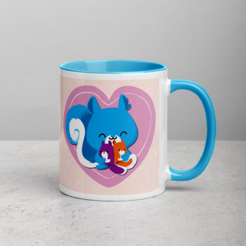 a white mug with a blue interior featuring a kawaii Ma Squirrel holding her two kids in front of a heart.