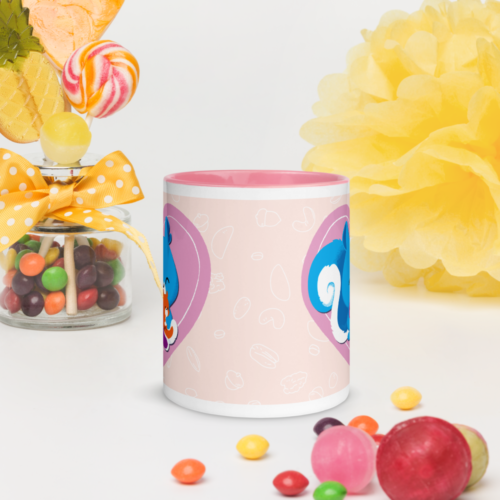 a white mug with a pink interior featuring a kawaii Ma Squirrel holding her two kids in front of a heart.