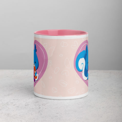 a white mug with a pink interior featuring a kawaii Ma Squirrel holding her two kids in front of a heart.