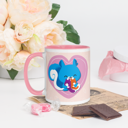 a white mug with a pink interior featuring a kawaii Ma Squirrel holding her two kids in front of a heart.