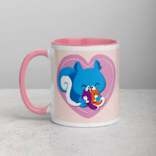 a white mug with a pink interior featuring a kawaii Ma Squirrel holding her two kids in front of a heart.