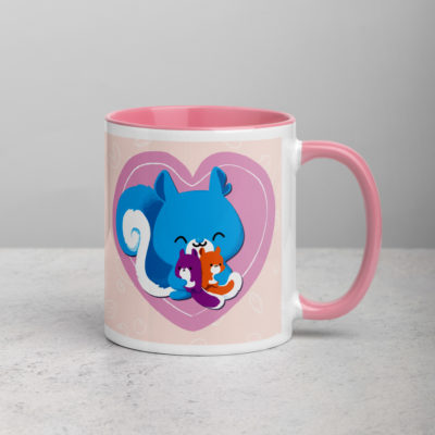a white mug with a pink interior featuring a kawaii Ma Squirrel holding her two kids in front of a heart.