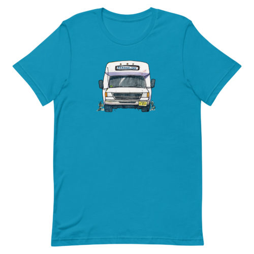 a blue t-shirt with a drawing of a Bergenline jitney dollar bus from Union City, NJ. Designed by Kenny Velez