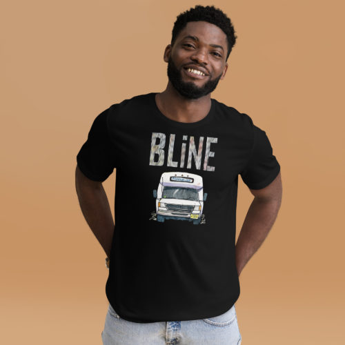 a man wearing a black t-shirt with a drawing of a Bergenline jitney dollar bus from Union City, NJ with word BLine on top. Designed by Kenny Velez