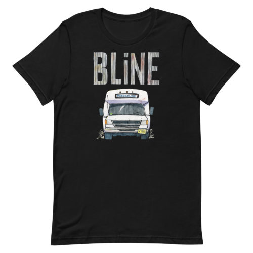 a black t-shirt with a drawing of a Bergenline jitney dollar bus from Union City, NJ with word BLine on top. Designed by Kenny Velez