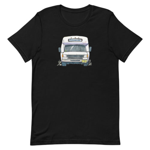 a black t-shirt with a drawing of a Bergenline jitney dollar bus from Union City, NJ. Designed by Kenny Velez