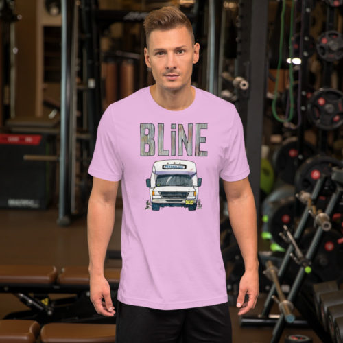a guy wearing a A pink t-shirt with a drawing of a Bergenline jitney dollar bus from Union City, NJ with word BLine on top. Designed by Kenny Velez