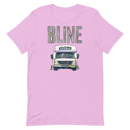 A pink t-shirt with a drawing of a Bergenline jitney dollar bus from Union City, NJ with word BLine on top. Designed by Kenny Velez