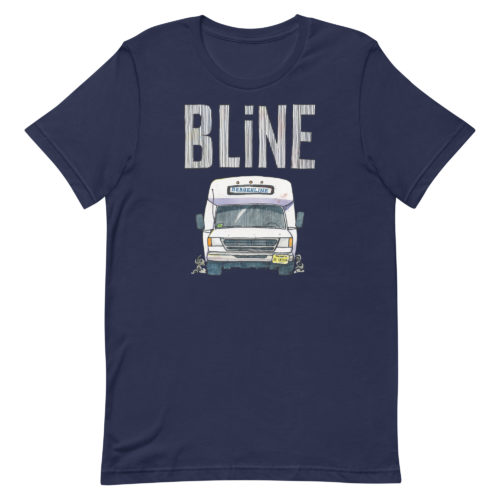 a navy blue t-shirt with a drawing of a Bergenline jitney dollar bus from Union City, NJ with word BLine on top. Designed by Kenny Velez