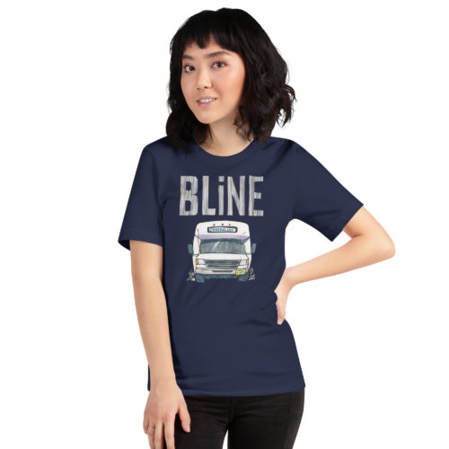 a woman wearing a navy blue t-shirt with a drawing of a Bergenline jitney dollar bus from Union City, NJ with word BLine on top. Designed by Kenny Velez