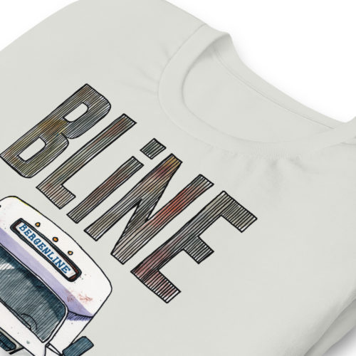 a silver t-shirt with a drawing of a Bergenline jitney dollar bus from Union City, NJ with word BLine on top. Designed by Kenny Velez