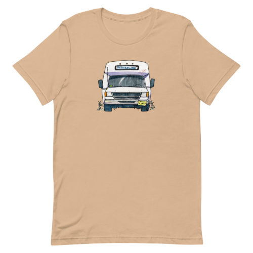 a tan t-shirt with a drawing of a Bergenline jitney dollar bus from Union City, NJ. Designed by Kenny Velez