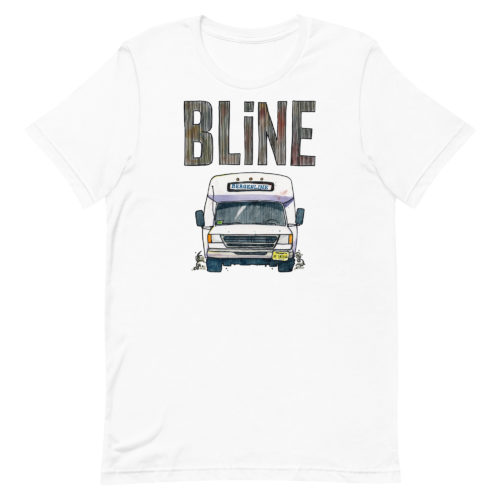 a white t-shirt with a drawing of a Bergenline jitney dollar bus from Union City, NJ with word BLine on top. Designed by Kenny Velez