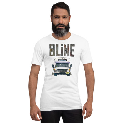 a man wearing a white t-shirt with a drawing of a Bergenline jitney dollar bus from Union City, NJ with word BLine on top. Designed by Kenny Velez