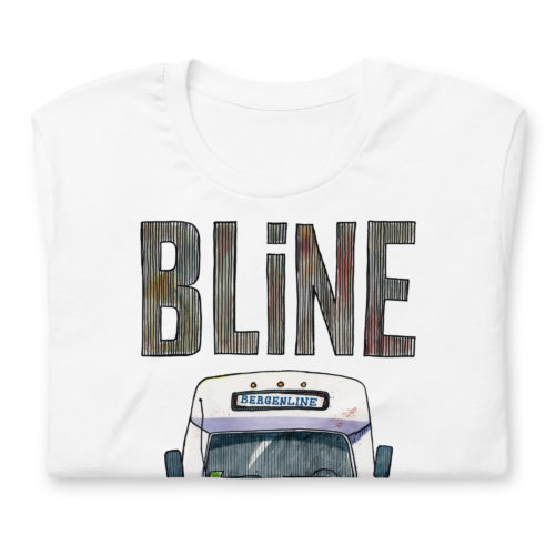a white t-shirt with a drawing of a Bergenline jitney dollar bus from Union City, NJ with word BLine on top. Designed by Kenny Velez