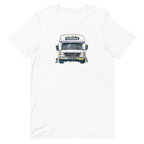 a white t-shirt with a drawing of a Bergenline jitney dollar bus from Union City, NJ. Designed by Kenny Velez