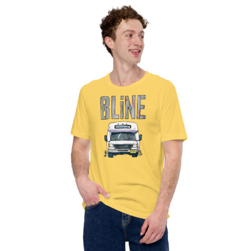 a guy wearing a yellow t-shirt with a drawing of a Bergenline jitney dollar bus from Union City, NJ with word BLine on top. Designed by Kenny Velez