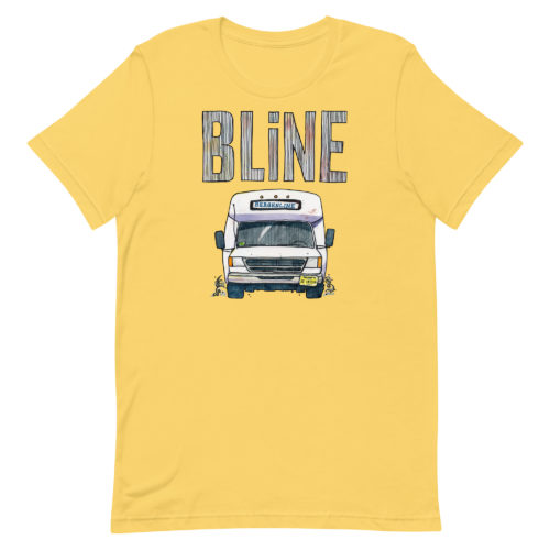 A yellow t-shirt with a drawing of a Bergenline jitney dollar bus from Union City, NJ with word BLine on top. Designed by Kenny Velez