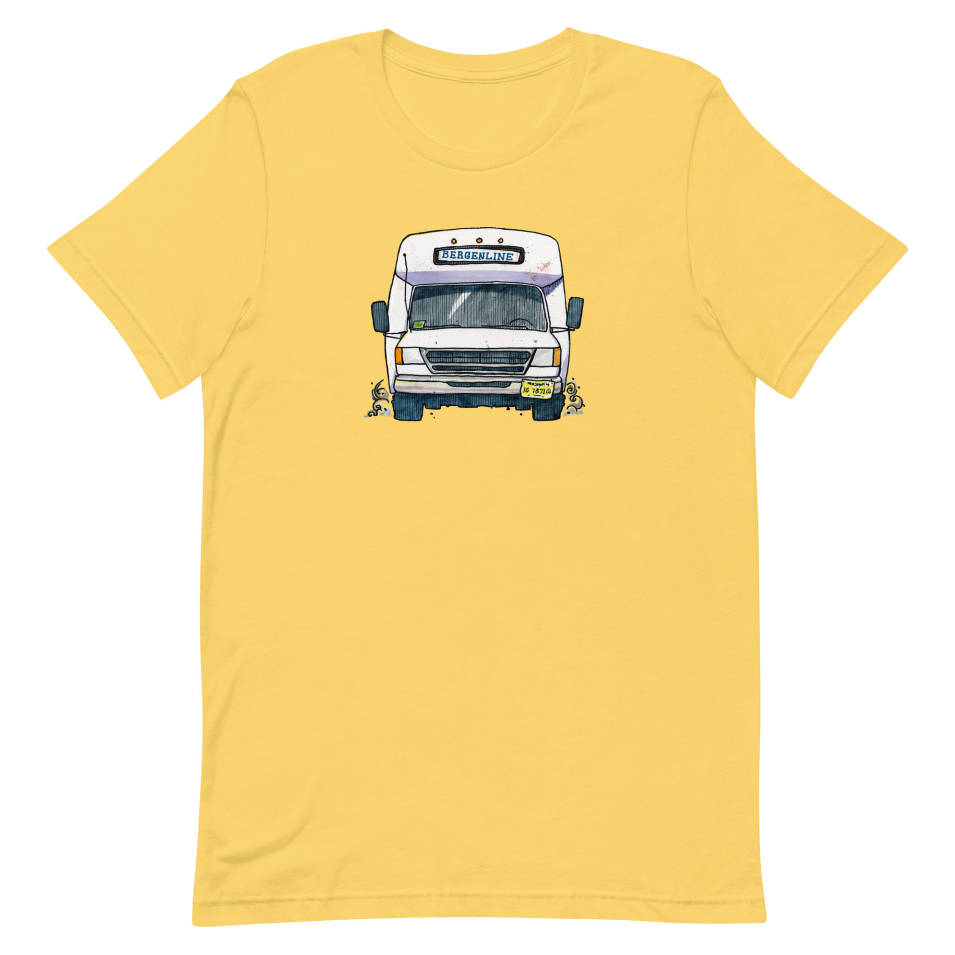 a yellow t-shirt with a drawing of a Bergenline jitney dollar bus from Union City, NJ. Designed by Kenny Velez