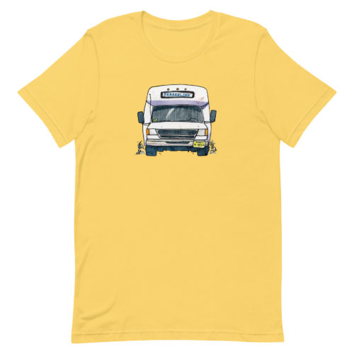 a yellow t-shirt with a drawing of a Bergenline jitney dollar bus from Union City, NJ. Designed by Kenny Velez