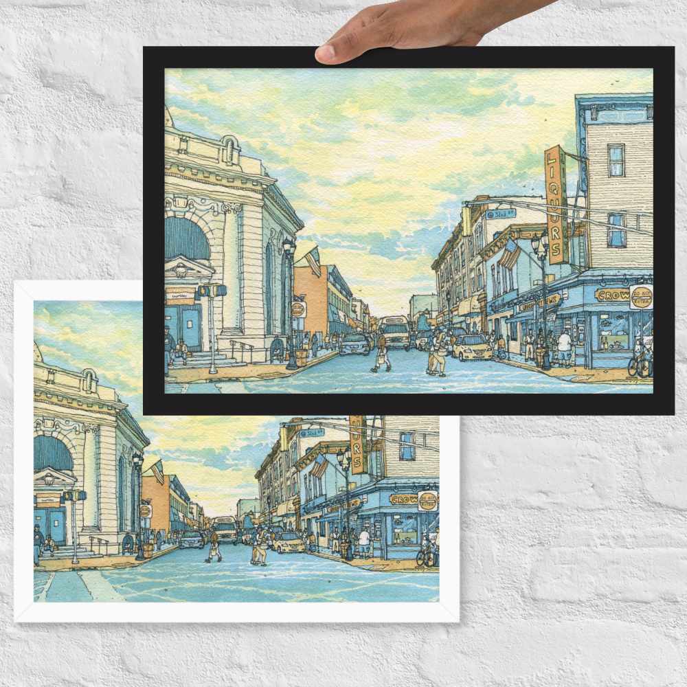 a print of a watercolor painting of Union City, NJ at Bergenline and 32nd St.