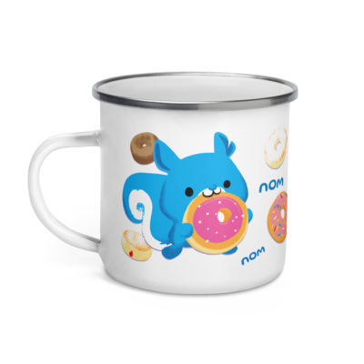 a white camper mug with a cute cartoon squirrel eating a doughnut and surrounded by donuts with the words nom