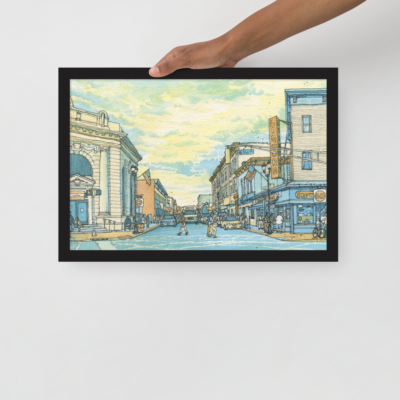 a framed poster of a watercolor painting of Union City, NJ at Bergenline and 32nd St.