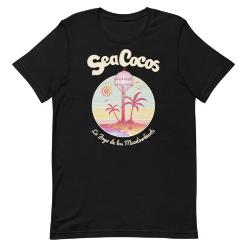 black t-shirt with a drawing of the water tower from Secaucus, NJ on a beach, with the words Sea Cocos, La Joya de los Meadowlands. Designed by Kenny Velez.