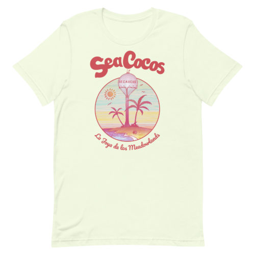 citron color t-shirt with a drawing of the water tower from Secaucus, NJ on a beach, with the words Sea Cocos, La Joya de los Meadowlands. Designed by Kenny Velez.