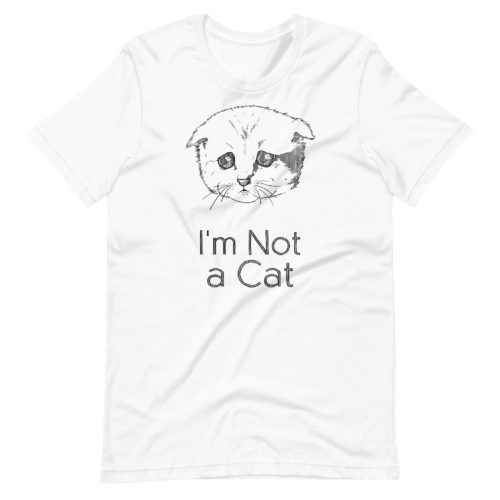 a white t-shirt with a drawing of a sad cat with the words I'm Not a Cat. Designed by Kenny Velez.